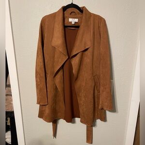 Magaschoni Faux Leather Drape Jacket Brown Open Front Belted Coat Medium